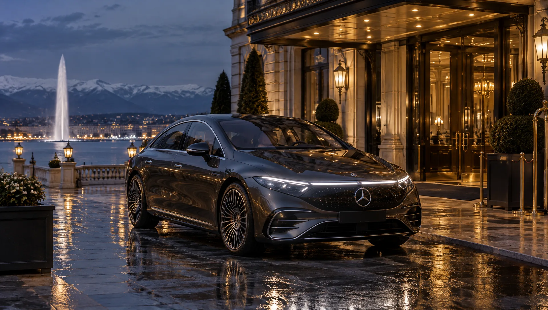 Dark grey Mercedes-Benz EQS 580 at the entrance of a grand Geneva hotel in the evening
