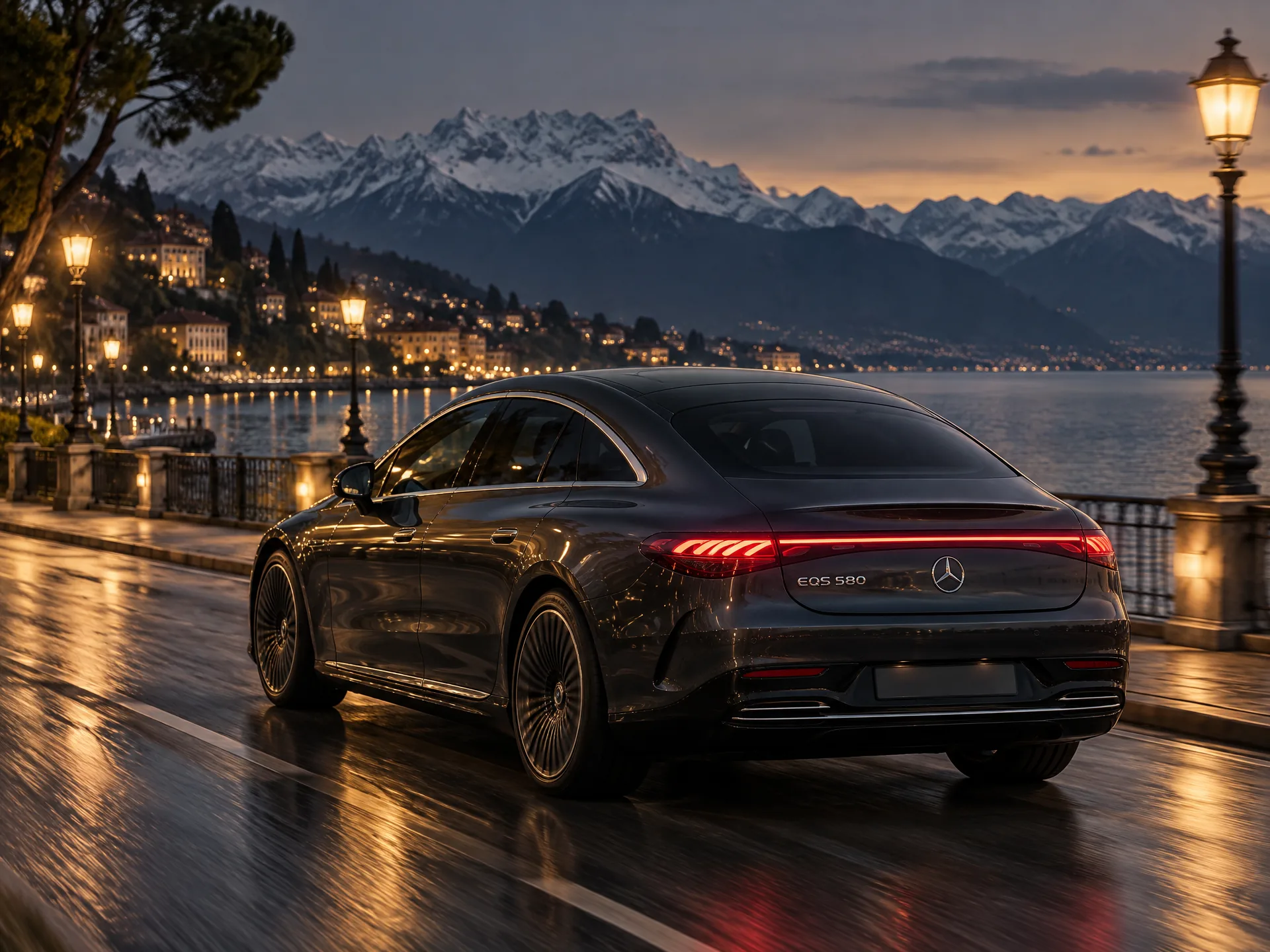 Dark grey Mercedes-Benz EQS 580, rear three-quarter view, on a lakeside road at Lake Geneva at dusk