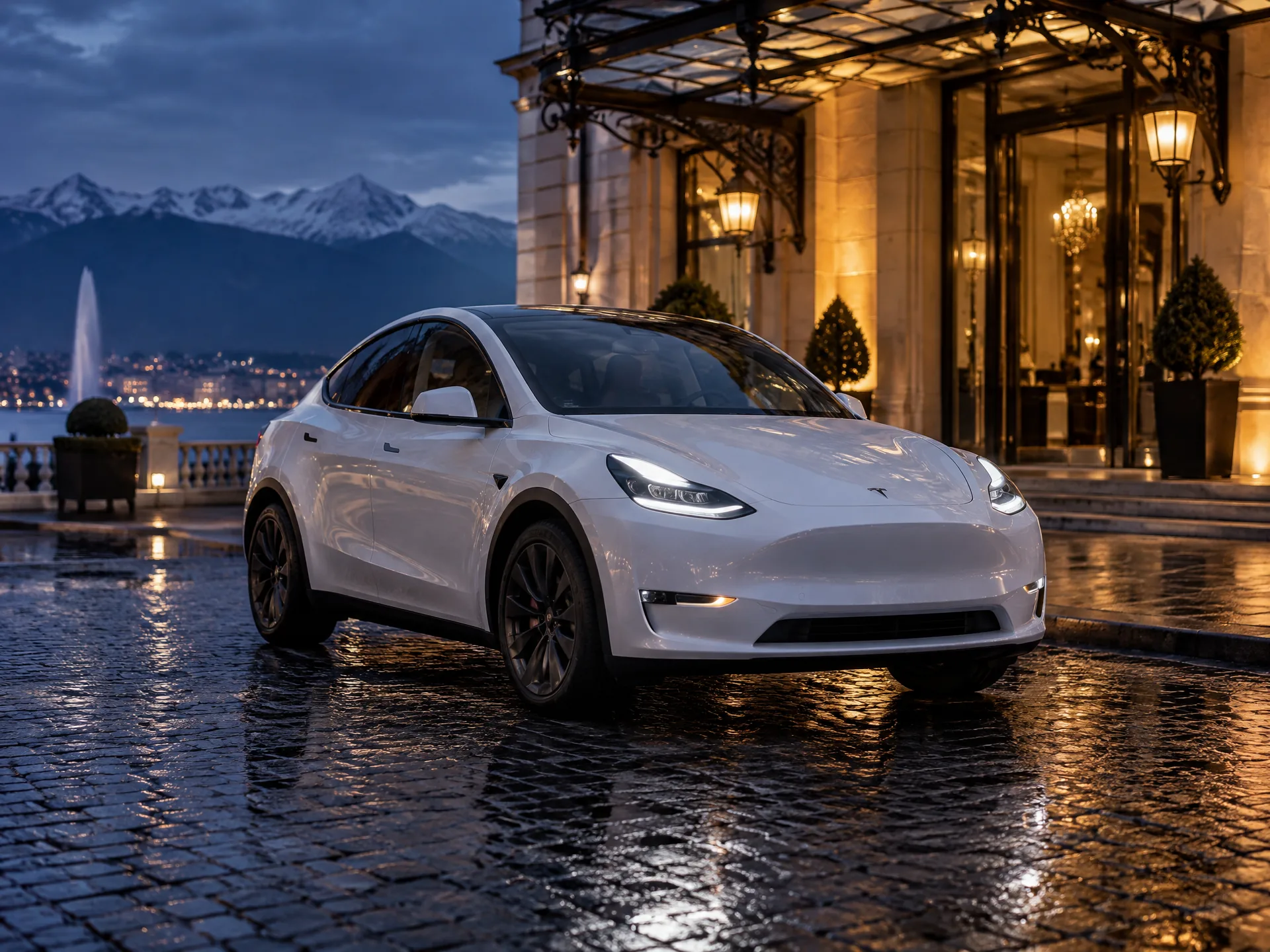 Tesla Model Y blanche devant une entrée d'hôtel en soirée